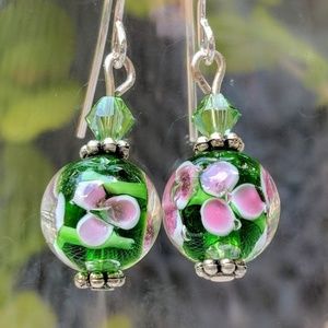 Handmade earrings with green and pink blown beads